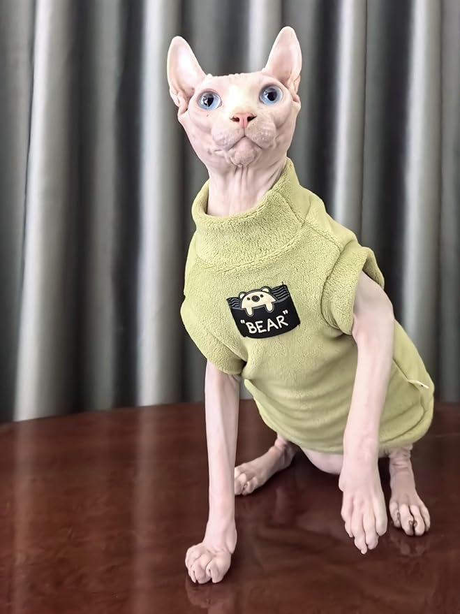 Sphynx Cat Clothes Hairless Cat Warm Fleece Vest Elastic Winter Sweater Outfit, Pet Clothes for Sphynx Cat Coat for Cats and Small Dogs Apparel, Hairless cat Shirts Sweaters (Avocado Green, Large)