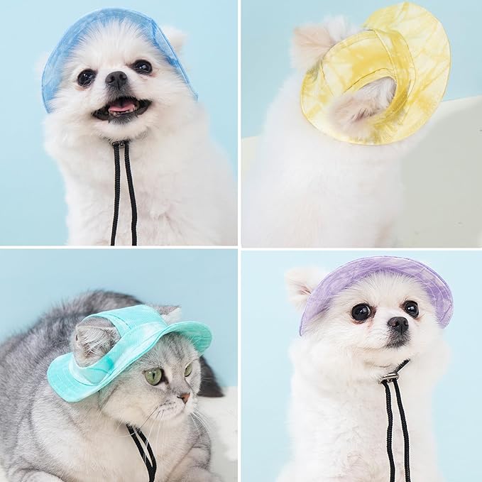 Pet Hat with Ear Holes Sunscreen Cap, Adjustable String Dog Cat Summer Sun Hat,Cat Dog Bucket Hat for Birthday Party Costume Decoration Outdoor Hiking (Pink, Medium)