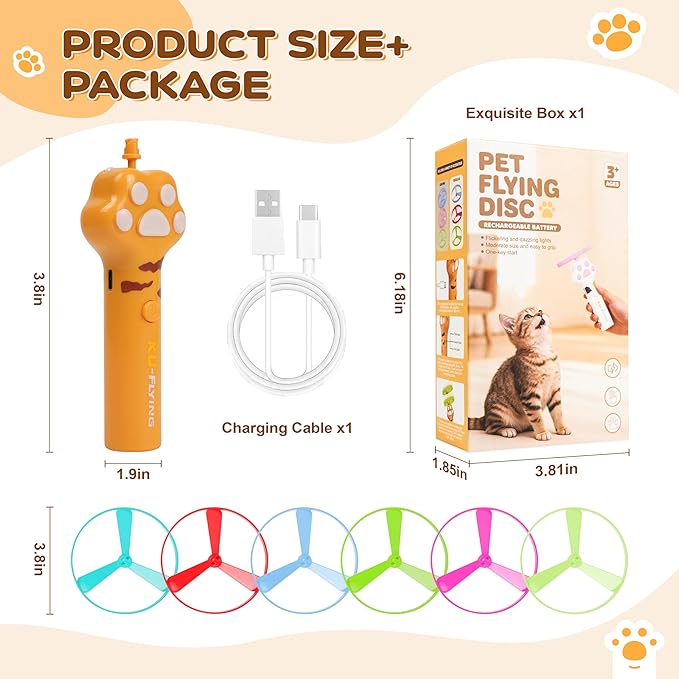 Cat Fetch Toy for Yard Chase, Rechargeable Flying Disc Launcher with 6 Flying Discs, Interactive Cat Hunting Toys for Outdoor & Indoor (Orange)