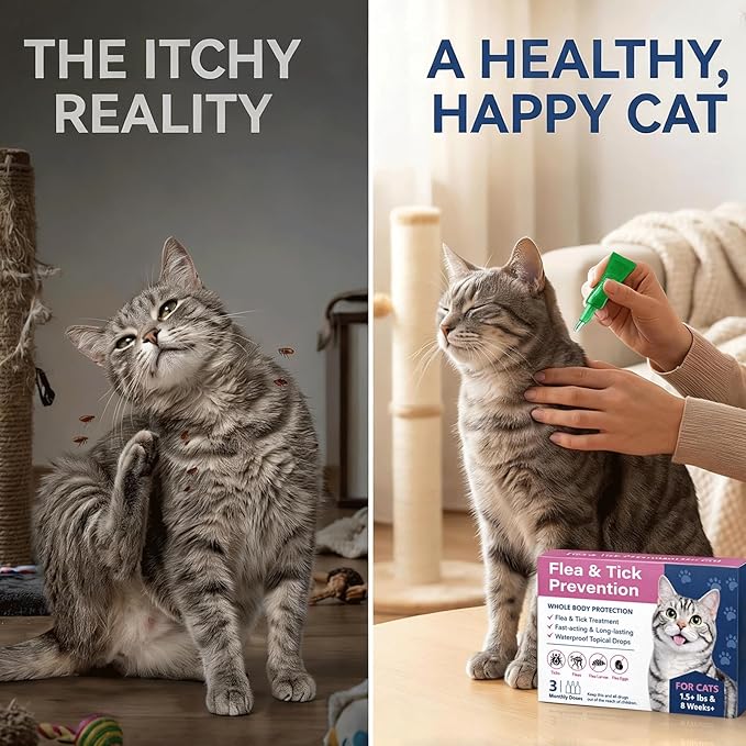 Topical Flea & Tick Drops for Cats & Kittens, Waterproof Monthly Care for Cats Over 1.5 lbs and 8 Weeks or Older, 3 Doses (3-Month Supply)
