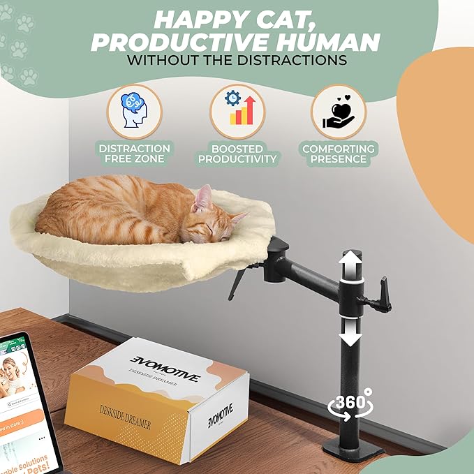 Deskside Dreamer - Cat Desk Perch, [+ Catnip Fish Toy], Comes with [2 Washable Fabrics]: Mesh and Plush, 360° Rotating & Height Adjustable [Beige]. Max Weight 35LBS