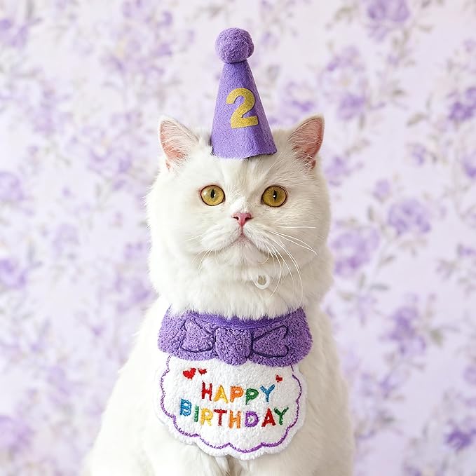 Reusable Cat Birthday Decorations Set - Adjustable Cat Birthday Hat & Bandana with Age Numbers | Kitty Celebration Kit for Memorable Milestones（Purple）