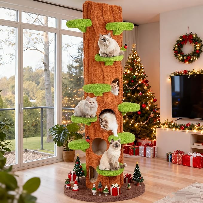 KAMABOKO 90.5 Inch Luxury Cat Tree with Scratching Post, Tall Cat Tree Tower with Sisal Scratching Pad, Multiple Jumping Platforms, Cute Hanging and Spring Toys, Large Cat Condo for for Indoor Kittens