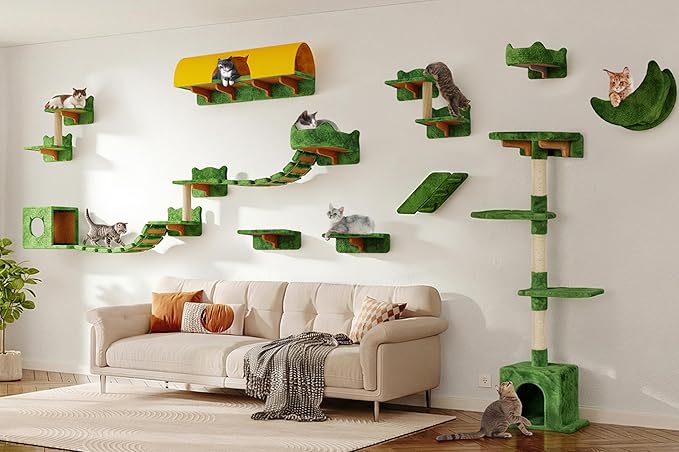 Cat Wall Shelves, Wall Mounted Pet Shelf Furniture w/Plush Fabric(26 Piece Set), 63''H Cat Tower w/Scratching Posts, Cats Furniture with 40''L Tunnel, Condos, House, Steps and Ladder, Green