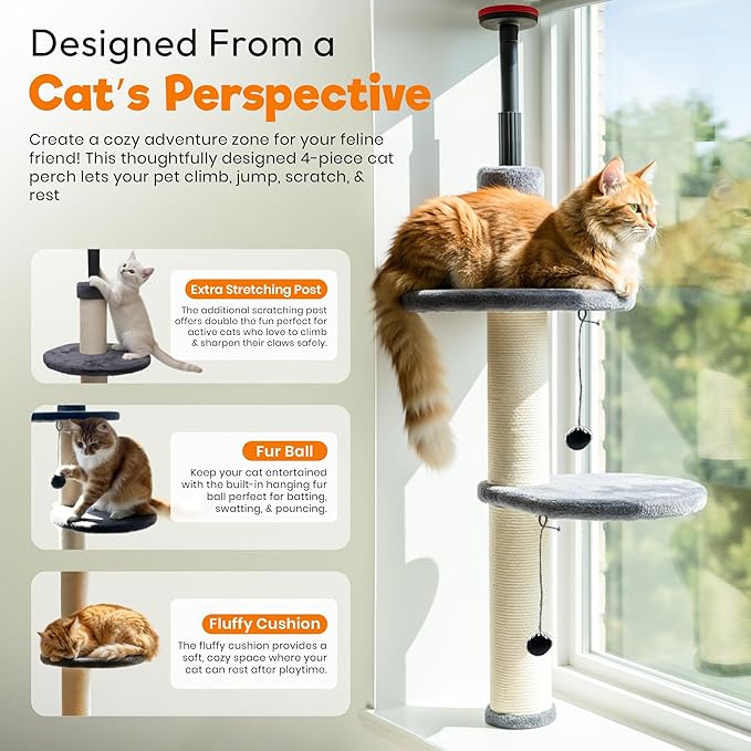 Window Cat Tree & Small Cat Tower (104.5-120.5cm) – Adjustable Cat Window Perch & Shelf for Indoor Cats – Sturdy Window Sill Extender Seat for Large Cats
