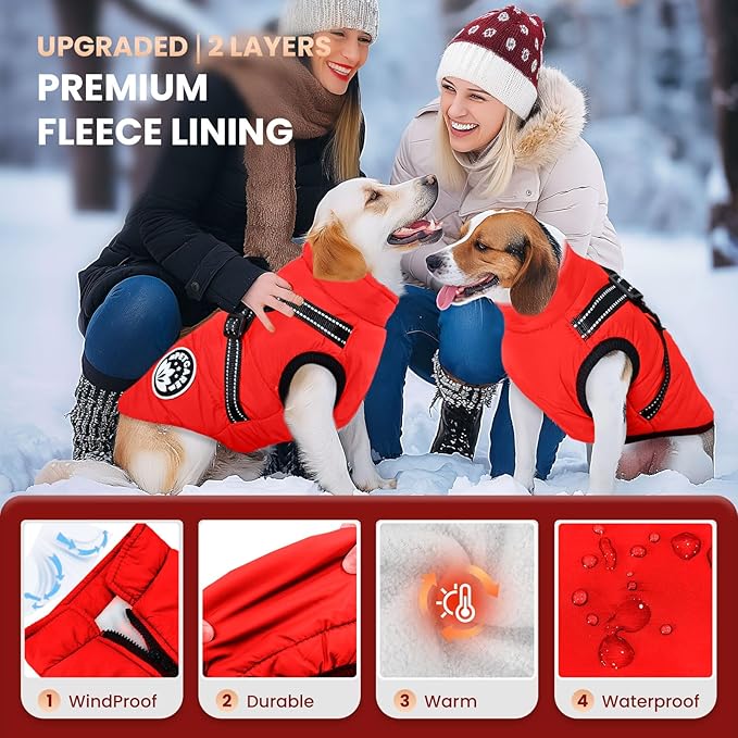 PETCARE Winter Dog Coat with Harness Built in Waterproof Dog Jackets Warm Pet Fleece Vest Windproof Snow Jacket Snowsuit Reflective Dogs Cold Weather Coats for Puppy Small Medium Large Dogs Cats