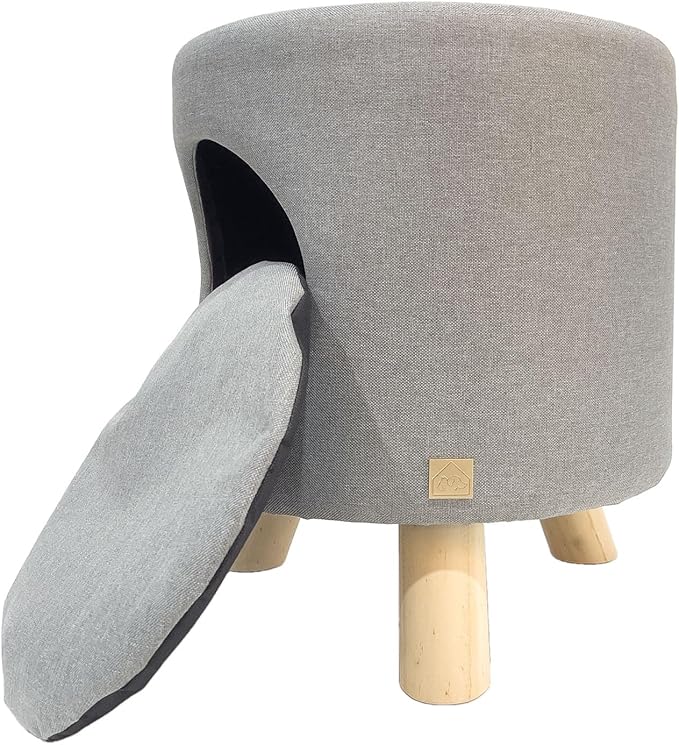 4 Cats & Dogs Wallie Stool – Plush Pet Stool & Bed with Wooden Legs, Cozy Cat Condo Furniture & Pet Nook Hideaway, Multipurpose Stool with Cozy Pads for Cats & Small Dogs, Light Grey