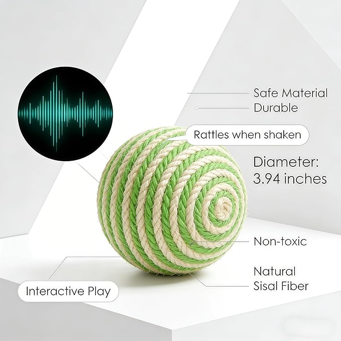 4-inch cat Toy Balls, Indoor cat Toys, sisal cat Balls for Cats to Grind Teeth, Sharpen Claws, Play, and Make Sounds When Gently Shaken to Attract Cats' Attention (Green)