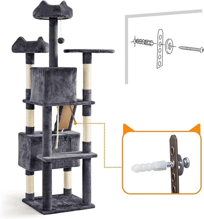 Topeakmart 72in Cat Tree for Indoor Cats, Multi-Level Climbing Tower with Scratching Posts, 3 Perches, Pet Furniture Activity Center Play House