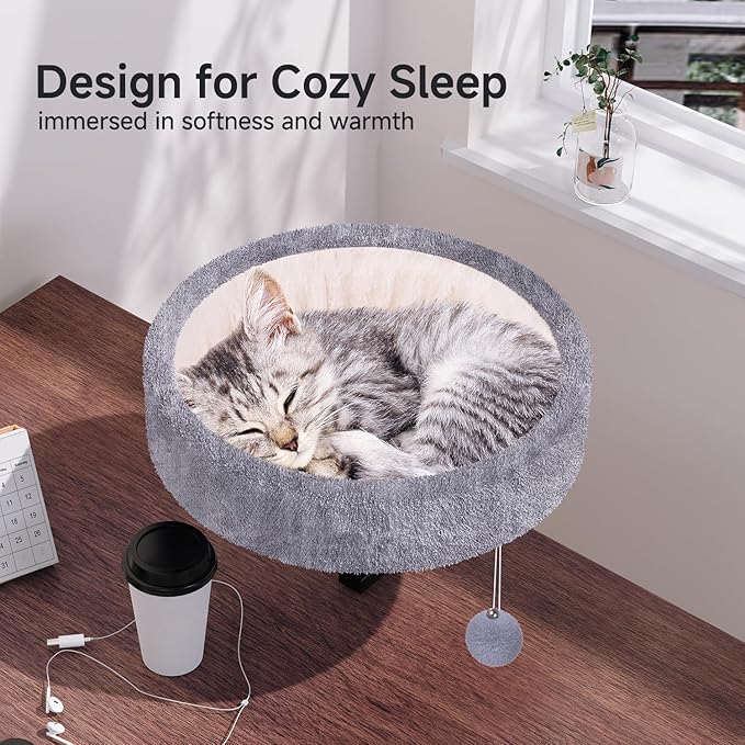 Chumajor Cat Desk Bed - 360° Rotating & Adjustable, Supports 50 lbs, Soft Faux Fur with Dual-Sided Reversible Mat, Modern Indoor Cat Nest Furniture for Office Desks and Game Tables, Island Table