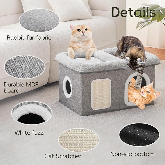 WINDRACING Cat House for Indoor Cats - 24.4" W Extra Wide Cat Bed Cave for Double Small Cats and Foldable with Scratch Pad, Cat Hideaway Condo for Kitten, 24.4x16.9x14.2 Inches, Light Grey