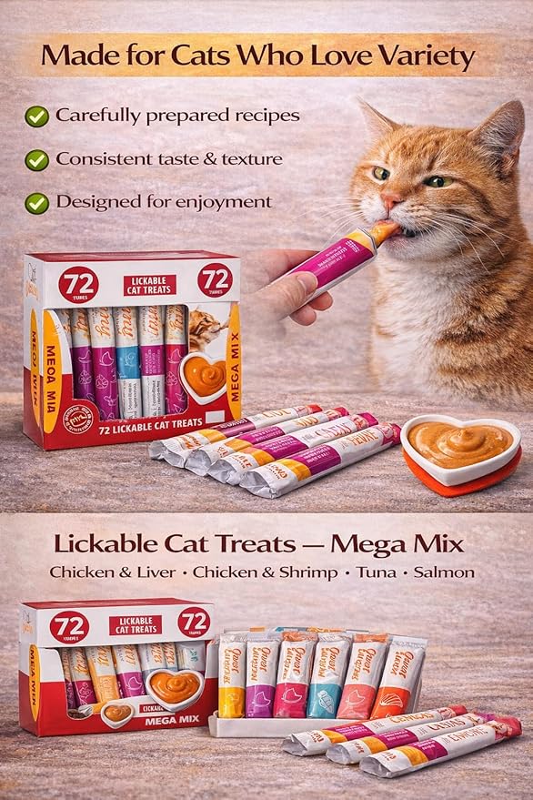 Premium Lickable Cat Treats - 72 Squeeze Tubes (0.5oz) | High-Protein Grain-Free Variety Pack | Hydrating Creamy Snacks for All Cats