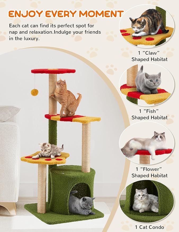 37in Cute Cat Tree Kitten Cat Tower for Indoor Cat Condo Sisal Scratching Posts with Jump Platform Cat Furniture Activity Center