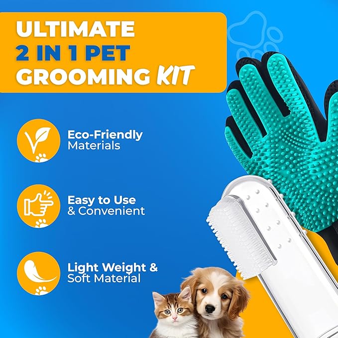 Pet Hair Removal Glove for Dogs & Cats – Dog Grooming Gloves for Shedding, Pet Hair Remover Glove – Pet Grooming Gloves, Cat Grooming Gloves & Cat Brush Glove (Glove + Finger Toothbrush Kit)