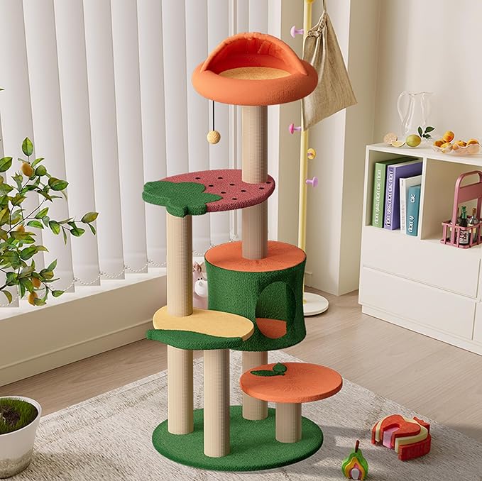 Happy & Polly Cute Cat Tree - 48.4" Fruit World Cat Tower for Indoor Cats, Multi-Level Cat Condo with Sisal Scratching Posts, Private Cave, Plush Strawberry Perches, Perfect Cat Tree Activity Center