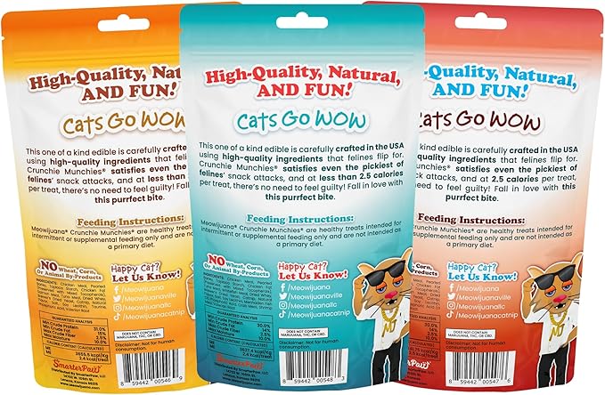 Meowijuana Crunchie Munchie Catnip Treats | Salmon, Seafood, Chicken Trio | Made with Organic Catnip | Produced in The USA | Low Calorie Cat Snack