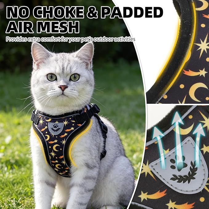 PUPTECK Cat Harness and Leash Set Escape Proof Reflective Cat Walking Harness Adjustable Soft Breathable Mesh Vest for Small Pets, Star&Moon, M