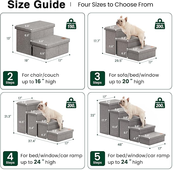 Love's cabin Dog Stairs with Storage 13" H, Foldable Pet Stairs for Small Medium or Large Dogs, Cat Puppy Steps Ramp with Zip up to 150 lbs, Solid Grey, 2 Steps