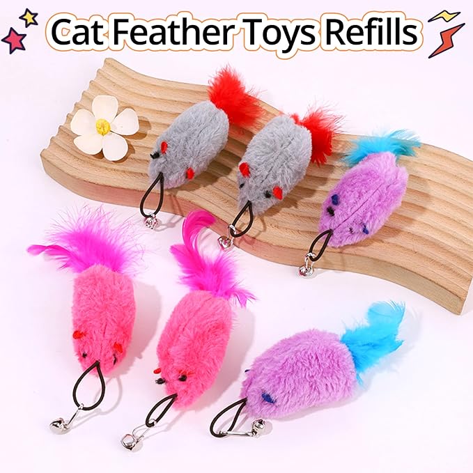Cat Toy Refill, 2 Pack Mouse Toy with Feather Tail and Bell for Cat Wand Toy Accessories Cat Toy Attachments Replacements, 4.72” Realistic Size Mice Toy for Bored Indoor Adult Cat Self Play