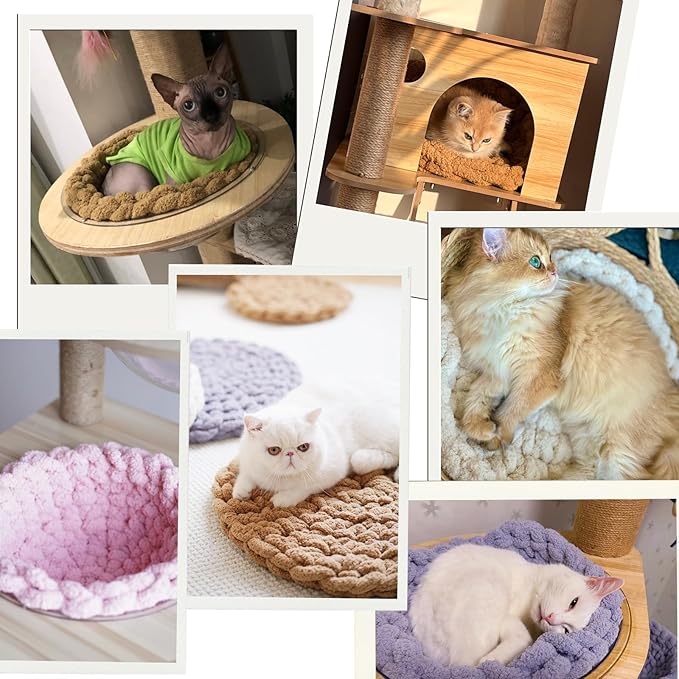 Cat Self-Warming Knitted Bed Mat, Extra-Soft Warm Round Washable Pads Cushions for Indoor Kittens & Kitty Small Pets Cat Trees (Oatmeal,Small)