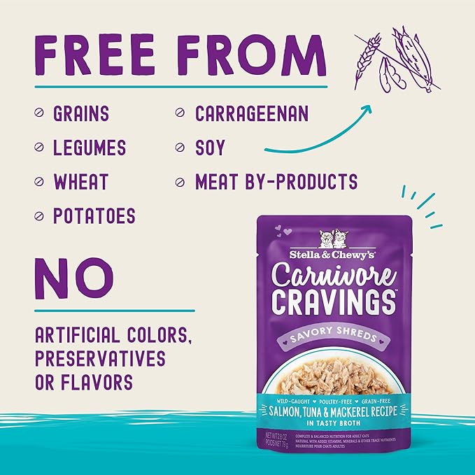 Stella & Chewy's Carnivore Cravings Wet Cat Food - Premium Pouches - Grain Free, High Protein Salmon, Tuna & Mackerel - Perfect for Picky Eaters - Complete Meal or Topper (2.8 oz, 12 Pack)