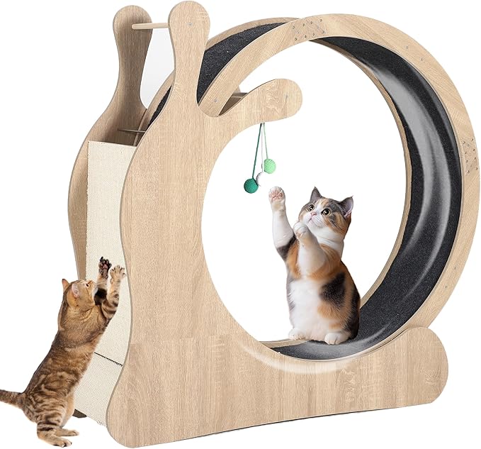 Cat Wheel Exerciser for Indoor Cats, 45'' Large 3-in-1 Cat Treadmill with Scratching Board and Play Balls, Quiet Cats Running Wheel for Kitty Fitness Wood Color