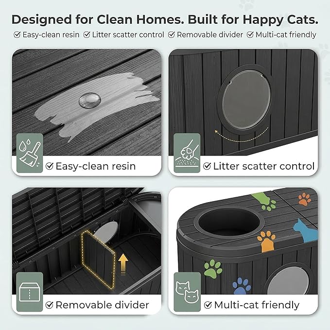 Large Cat Litter Box Enclosure with Hidden Cat Bed, 2-in-1 Resin Cat House Furniture with Flip-Top Lid & Dual-Way Swing Door, Multi-Functional Side Table Bench for Living Room, Easy-Clean Odor Control