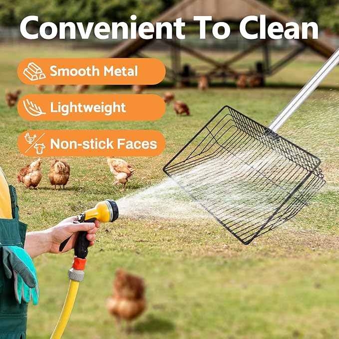 10 Inch Chicken Pooper Scooper & Sifting Shovel with 4-Stage Adjustable Handle (36" to 67") – Litter Scoop for Chicken Coop Cleaning, Poultry Waste, Sand & Droppings Removal