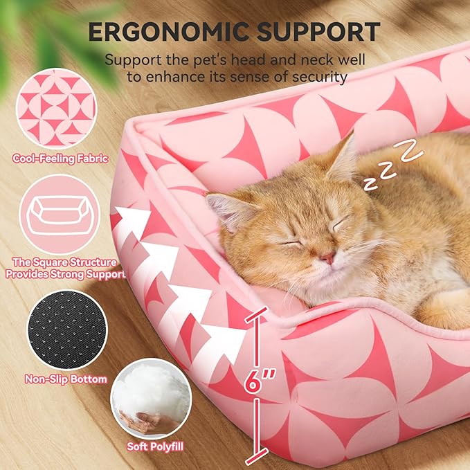Zerbuger Rectangle Cat Dog Bed for Large Medium Small Pets Indoor Outdoor Machine Washable Sleeping Sofa Non-Slip Bottom Soft Puppy Bed Durable Orthopedic Calming Pet Cuddler (Small, Pink Pattern)