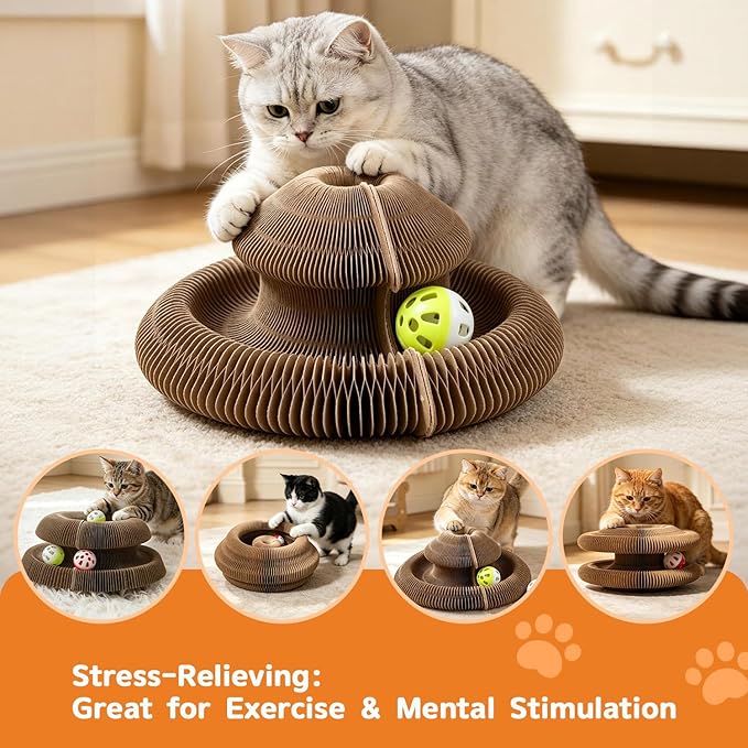 Magic Organ Cat Scratcher, Foldable Accordion Scratching Board with Bell Ball, Interactive Pizza Style Cardboard Scratch Pad, Reversible Toy for Indoor Cats