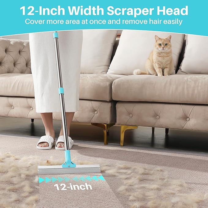 JOYMOOP 2 PCS Pet Hair Remover Set, 63" Adjustable Long Handle Rake and Short Handle Lint Scraper for Carpet, Sofa, Couch and Cloth, Metal & Silicone Fur Cleaning Tools for Cat and Dog