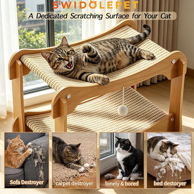 Two Level Sisal Cat Scratcher for Cats, Double Cat Bed with Interactive Hanging Plush Ball, 2 Tier Scratching Post for Indoor Small Medium Cats Kittens