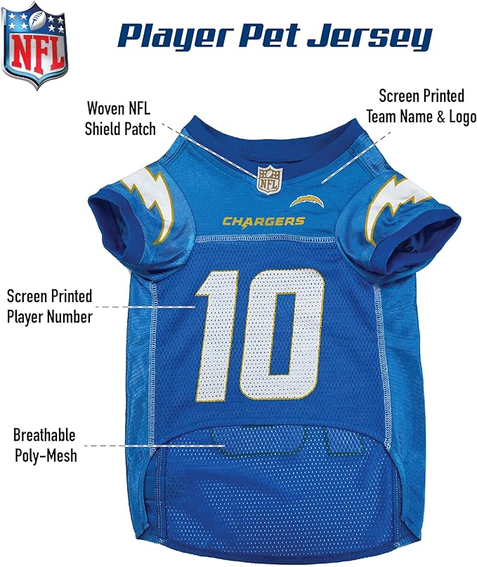 NFLPA Justin Herbert PET Jersey, NFL Dog Shirt, Size X-Small, Los Angeles Chargers Mesh Jersey for Dogs