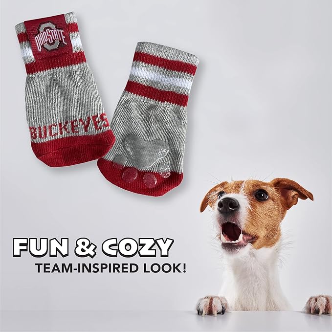 NCAA Ohio State Buckeyes Anti Slip Dog Socks with Elastic Ribbed Top, Size Medium/Large. Indoor/Outdoor Socks, Best Dog Paw Protector, 2 Pairs of Pet Socks with Your Favorite Collegiate Sports Team