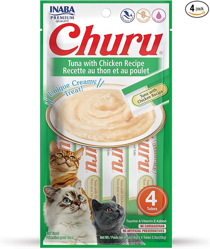INABA Churu Lickable Purée Natural Cat Treats (Tuna with Chicken Recipe, 4 Tubes)