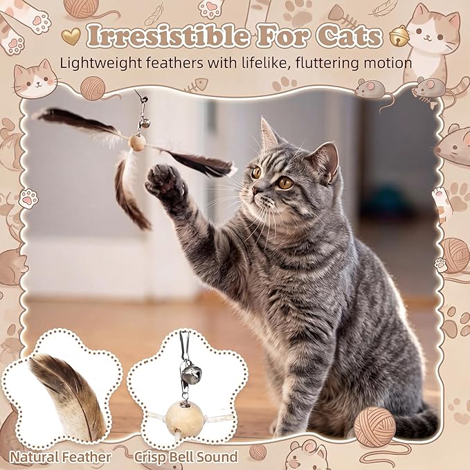 Outus 19 Pcs Cat Toys Bulk 1 Kitten Wand 18 Cat Spinning Feather Toys Refills, Cats Wand Replacement Feather for Indoor Cats
