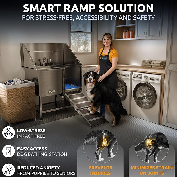 KANIS Professional Dog Washing Station 304 Stainless Steel Pet Wash Sink & Grooming Bathtub w/Shower, Floor Grates and Storage for Large, Medium & Small Pets (Silver, 40 Inches, Right Ramp, Shelf)