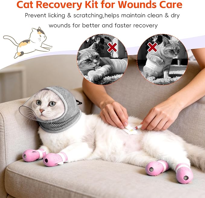 Adjustable Cat Muzzle for Grooming & Biting Prevention, Upgrade Kitten Head Cover,Breathable Anti-Bite Cat Mask with 4 Anti-Scratch Gloves Boots Silicone Shoes for Nail Trim Bath Vet Visit (Grey, M)