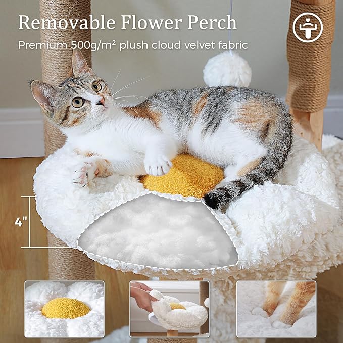 PETEPELA 48.5" Modern Cat Tree for Large Cats, Natural Solid Wood Cat Tower with Big Rattan Basket, Cozy Condo & Flower Cat Tree with Large Hammock for Indoor Cats, Kittens