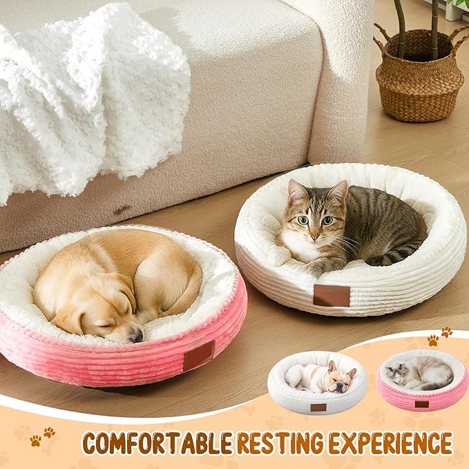 2 Pack Cat Beds for Indoor Cats 20 Inches Washable Round Donut Pet Bed Cushion Self Warming for Cats, Small Dogs, Puppy, and Kitten(Pink, White)