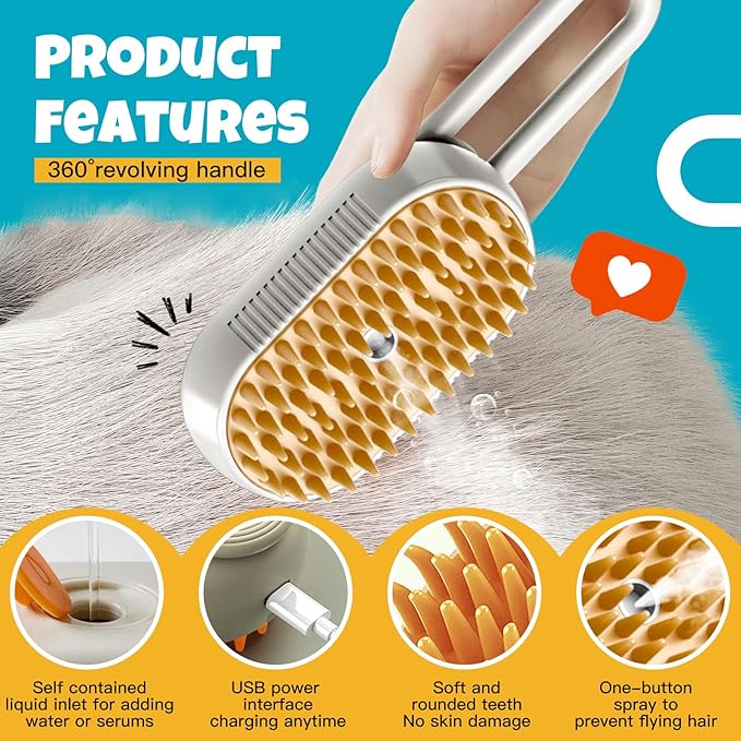 Cat Steam Brush for Shedding Cat Steam Brush Spritz Defur Comb for Cats With Shedding Steamy Pet Hair Brushes Indoor Steamer Dog Steaming Cepillo Para Gatos Con Vapor Misting Pets (White, 2pcs)1