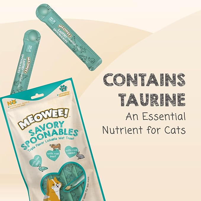 MEOWEE! Savory Spoonables with Real Duck, Beef and Rabbit for Cats, 4 Count, Treat Your Cat to Triple Flavor Squeezable Lickable Wet Treats with Built-in Spoon for Less Mess (Pack of 2)