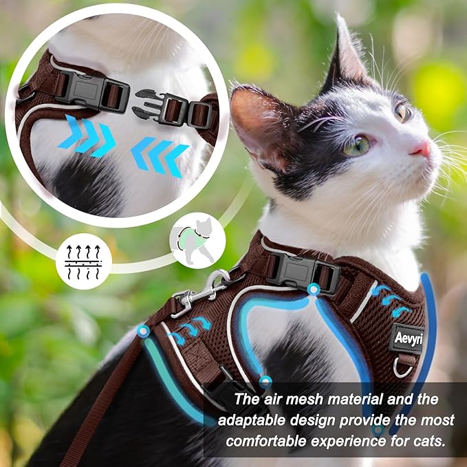 Cat Harness and Leash Set - Escape Proof Adjustable Cat Harness, Comfortable Soft Lightweight, Use Safe & Easy, Walking Travel Kitten Harness for Small Medium Large Cats, Brown, XS