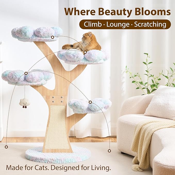 Aesthetic Flower Cat Tree Tower with Scratching Post for Indoor Cats, 48" Modern Cat Tree with Wood Sculpted Branch, Flower Cat Beds, Scratching Board & Interactive Squeaky Toy, Dreamy Blue