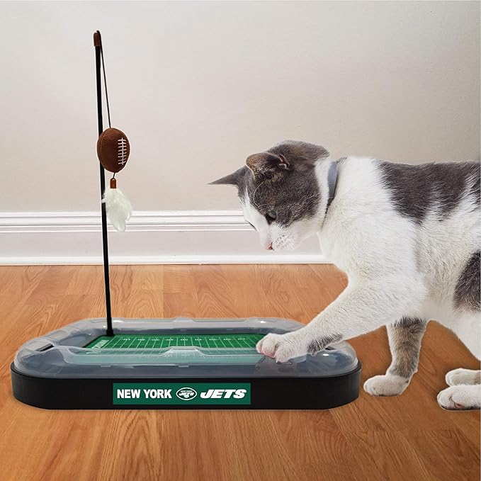 Cat Scratching Pets First NFL New York Jets Football Field CAT Scratcher Toy with Catnip Filled Plush Football Toy & Feather Cat Toy Hanging & Jingle Bell Interactive Ball Cat Chasing 5-in-1 Kitty Toy