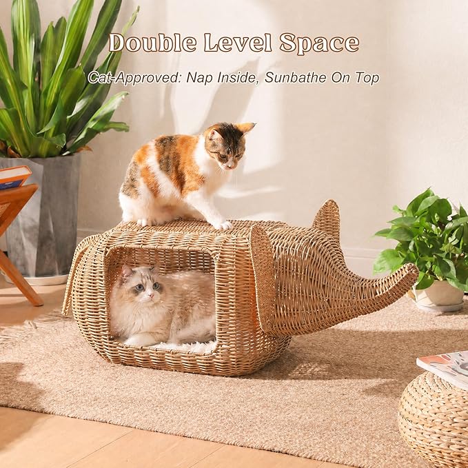 PAWZ Road Elephant Wicker Cat Bed Indoor&Outdoor, Handwoven PE Rattan Cat Condo with Removable Cushion, Breathable Waterproof Pet House Furniture for Indoor Cats