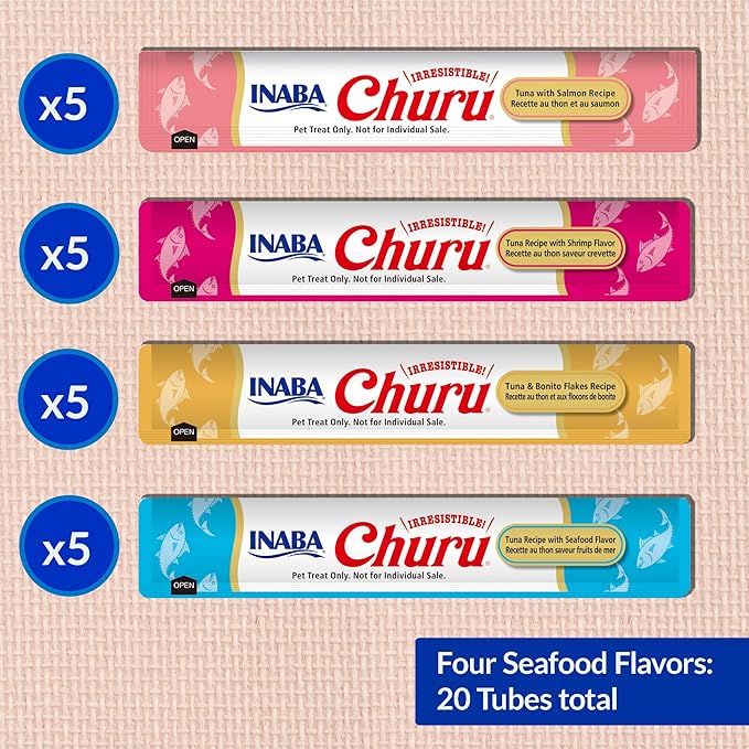 INABA Churu Cat Treats, Lickable, Squeezable Creamy Purée Cat Treat with Green Tea Extract & Taurine, 0.5 Ounces Each Tube, 20 Tubes, Seafood Variety Box