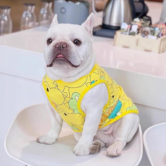 Dog Shirts for Small Medium Dogs French Bulldog Clothes,Funny Dog Dinosaur Shirts Frenchie Clothes for Pets, Breathable Puppy Sweatshirts Cotton Tank Top Costume Cats Tshirts,Yellow,L