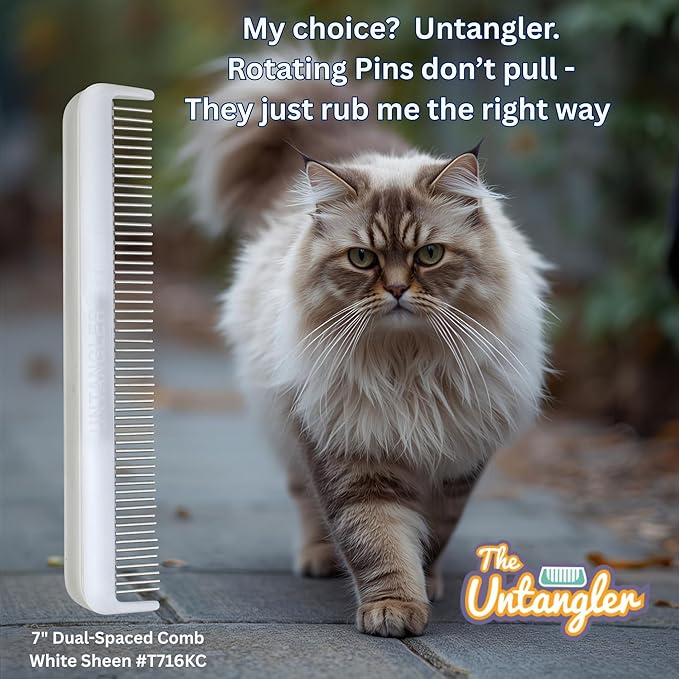 Cat Comb - 7" Dual-Spaced with Silky Smooth Rotating Teeth (White Sheen), Stainless Steel, for Cat Hair and Fur