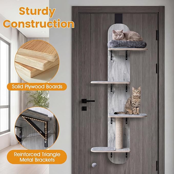 PETSITE Door Mounted Cat Tree, 58.5-61.5 Inches Height Adjustable Hanging Cat Climber with Scratching Post, Detachable Scratching Mats, and Comfy Plush Cat Bed (Grey)